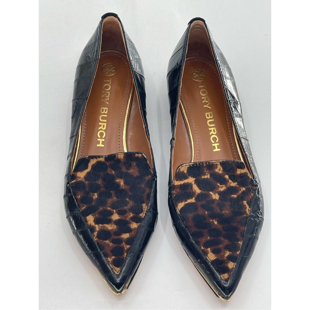 Tory Burch Black Croc-Embossed Leather Pointed Flats with Leopard Print
